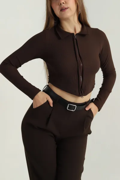 Kahverengi Fermuarlı Ottoman Kadın Bluz 406097