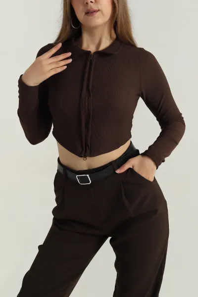 Kahverengi Fermuarlı Ottoman Kadın Bluz 406097