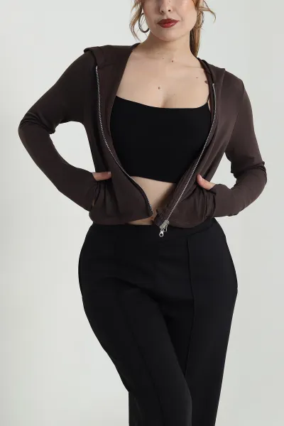 Kahverengi Fermuarlı Oysho Kadın Sweat 483619