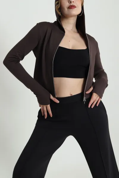 Kahverengi Fermuarlı Oysho Kadın Sweat 483619