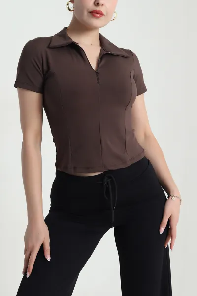 Kahverengi Fermuarlı Polo Yaka Modal Kadın Bluz 478159
