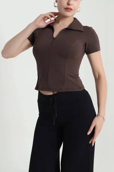 Kahverengi Fermuarlı Polo Yaka Modal Kadın Bluz 478159