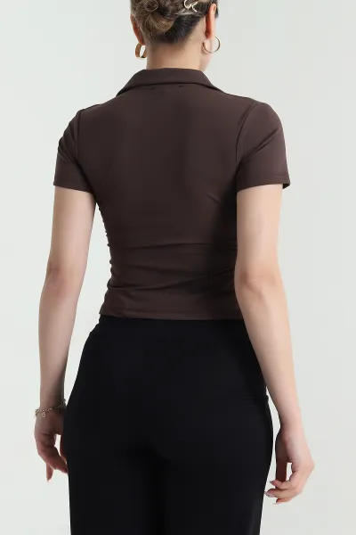 Kahverengi Fermuarlı Polo Yaka Modal Kadın Bluz 478159