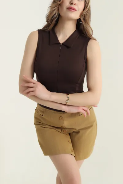 Kahverengi Fermuarlı Polo Yaka Oysho Kadın Bluz 432202