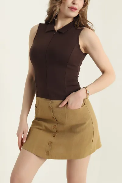 Kahverengi Fermuarlı Polo Yaka Oysho Kadın Bluz 432202