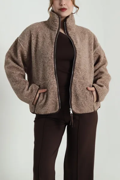Kahverengi Fermuarlı Teddy Kadın Sweat 483918