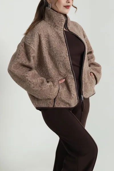 Kahverengi Fermuarlı Teddy Kadın Sweat 483918