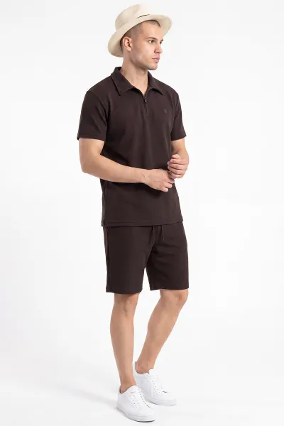 Kahverengi Fino Polo Yaka Erkek Şortlu Takım 473069