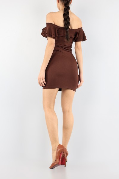 Kahverengi Fırfır Tasarım Likralı Elbise 91671