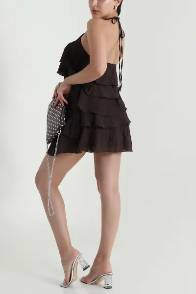Kahverengi Fırfırlı Astarlı Tencel Kadın Elbise 474351
