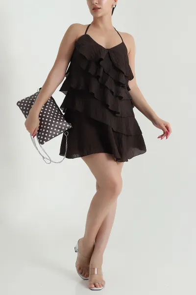 Kahverengi Fırfırlı Astarlı Tencel Kadın Elbise 474351