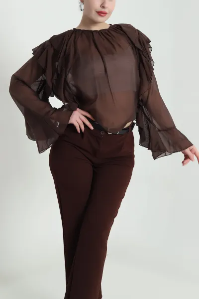 Kahverengi Fırfırlı Tensel Kadın Bluz 461308