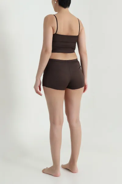 Kahverengi Fitilli Kadın Şortlu Pijama Takımı 466398