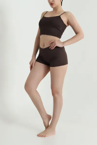 Kahverengi Fitilli Kadın Şortlu Pijama Takımı 466398