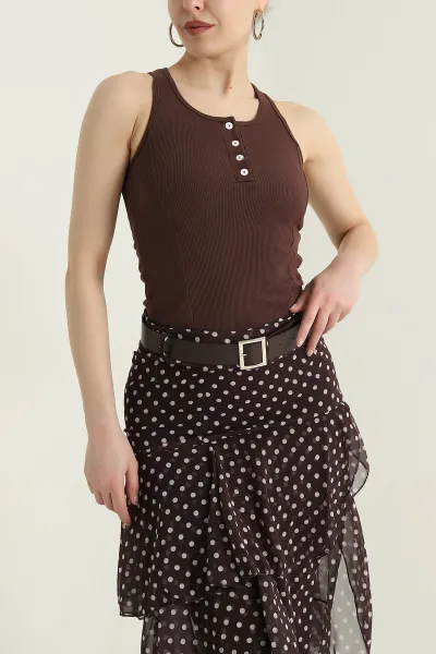 Kahverengi Fitilli Kolsuz Kadın Bluz 433697