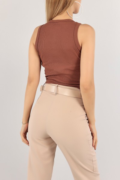 Kahverengi Fitilli Likralı Bayan Crop Atlet 118264