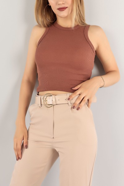 Kahverengi Fitilli Likralı Bayan Crop Atlet 118264