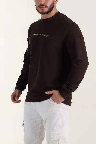 Kahverengi Fitilli Nakışlı Bisiklet Yaka Erkek Sweatshirt 396904