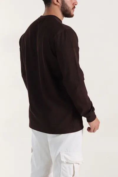 Kahverengi Fitilli Nakışlı Bisiklet Yaka Erkek Sweatshirt 396904