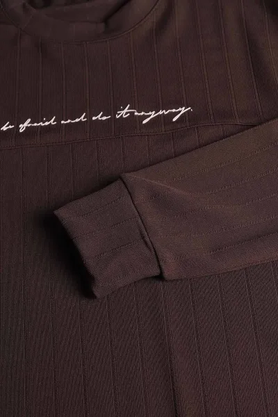 Kahverengi Fitilli Nakışlı Bisiklet Yaka Erkek Sweatshirt 396904