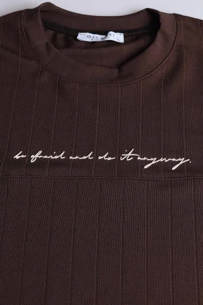 Kahverengi Fitilli Nakışlı Bisiklet Yaka Erkek Sweatshirt 396904