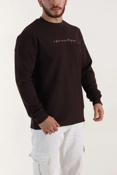 Kahverengi Fitilli Nakışlı Bisiklet Yaka Erkek Sweatshirt 396904