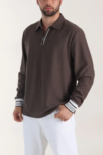 Kahverengi Fitilli Yarım Fermuarlı Dik Yaka Erkek Sweatshirt 404809