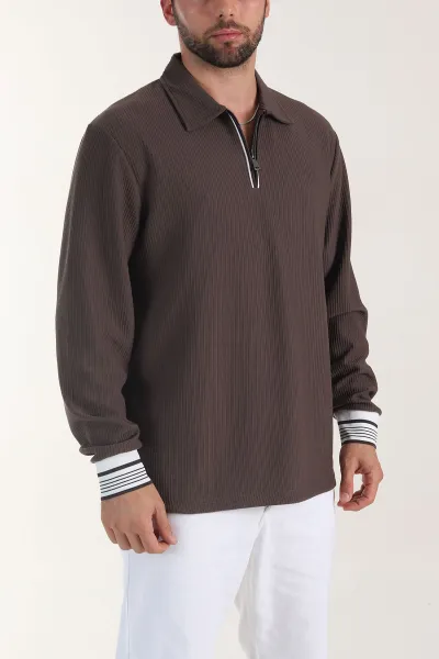 Kahverengi Fitilli Yarım Fermuarlı Dik Yaka Erkek Sweatshirt 404809