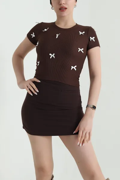 Kahverengi Fiyonklu Ottoman Kadın Bluz 448633