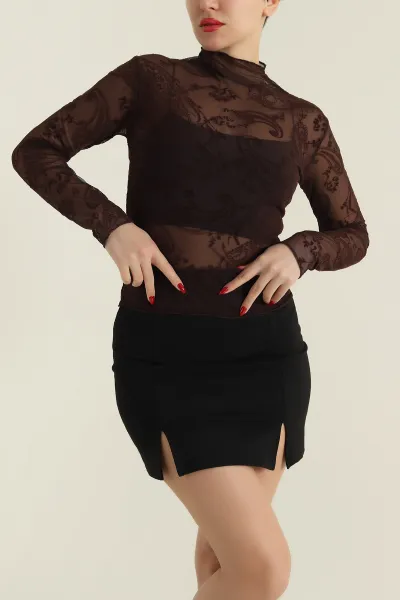 Kahverengi Flok Baskı Kadın Tül Bluz 427146