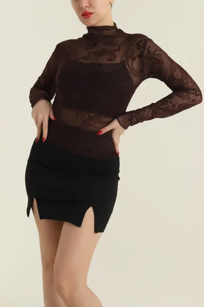 Kahverengi Flok Baskı Kadın Tül Bluz 427146