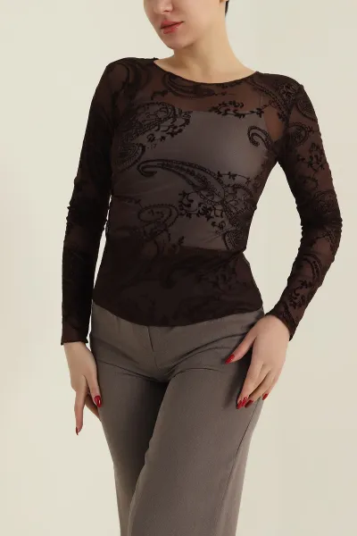 Kahverengi Flok Baskı Kadın Tül Bluz 427965