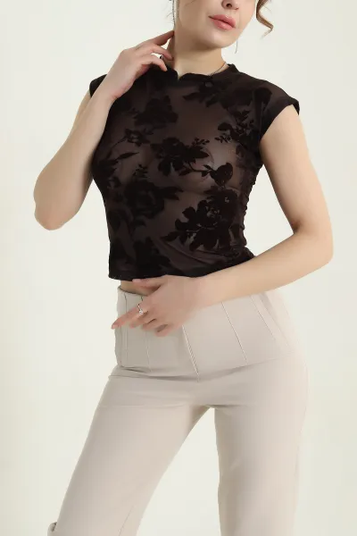 Kahverengi Flok Baskılı Tül Kadın Bluz 435523