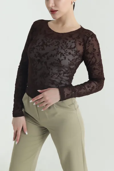 Kahverengi Flok Baskılı Tül Kadın Bluz 443674