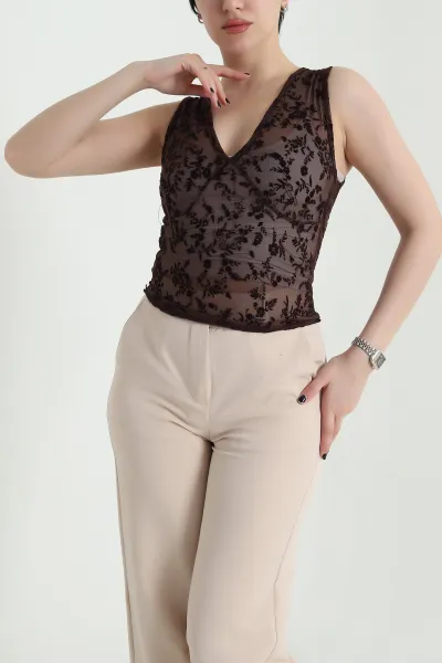 Kahverengi Flok Baskılı Tül Kadın Bluz 455390