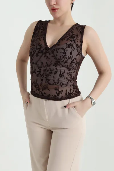 Kahverengi Flok Baskılı Tül Kadın Bluz 455390