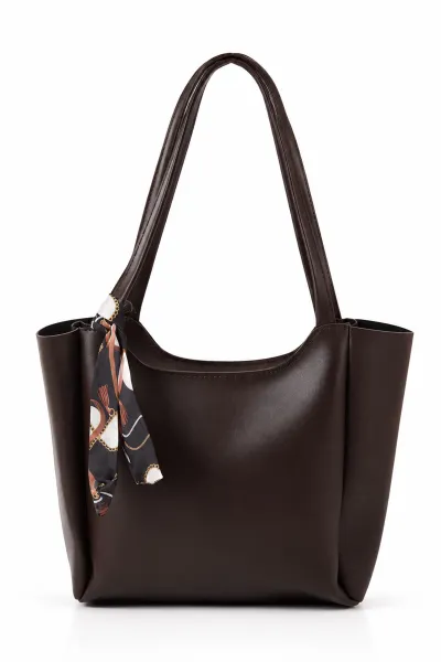 Kahverengi Fular Detaylı Fermuarlı Kadın El Kol ve Omuz Çantası 500001