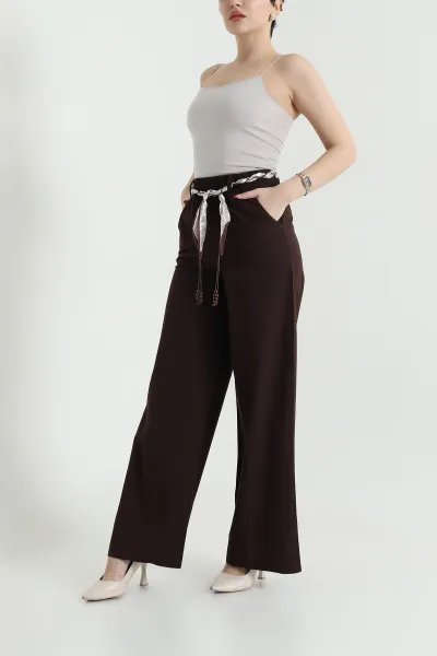 Kahverengi Fular Kemerli Tensel Gabardin Kadın Pantolon 440442