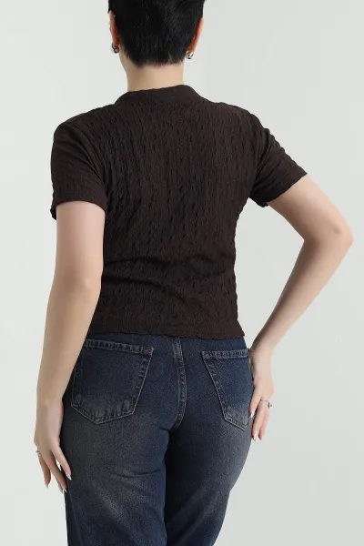 Kahverengi Fularlı Gofre Kadın Bluz 448477