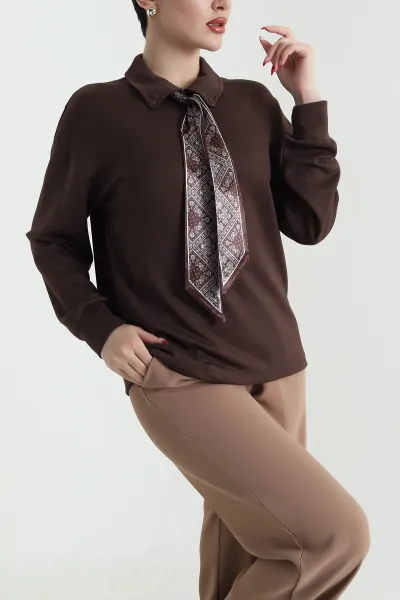 Kahverengi Fularlı Kadın Modal Bluz 441397