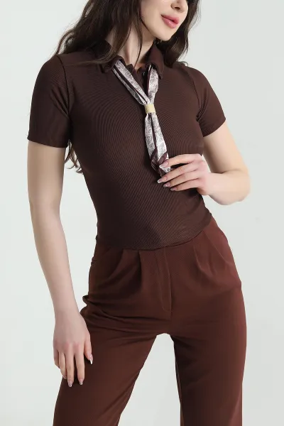 Kahverengi Fularlı Ottoman Kadın Bluz 453674