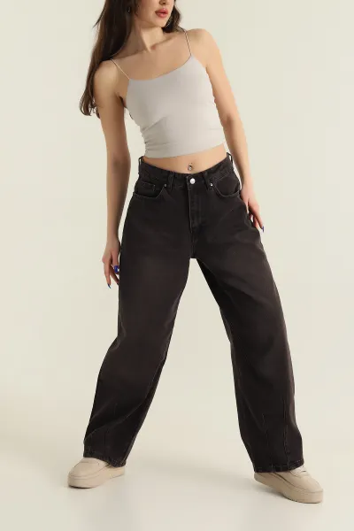 Kahverengi Füme Paça Çift Pensli Boyfriend Kadın Kot Pantolon 427314