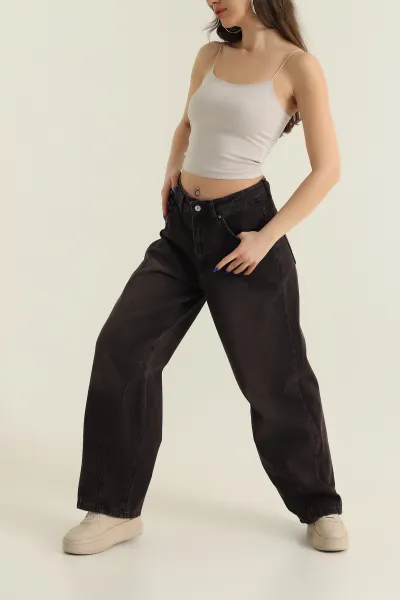 Kahverengi Füme Paça Çift Pensli Boyfriend Kadın Kot Pantolon 427314