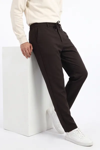 Kahverengi Gabardin Kumaş Bağlamalı Erkek Pantolon 491672