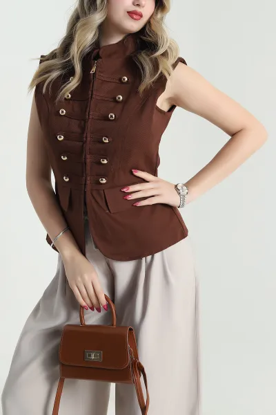 Kahverengi Gabardin Premium Kadın Yelek 476965