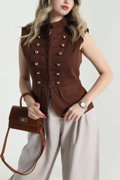 Kahverengi Gabardin Premium Kadın Yelek 476965