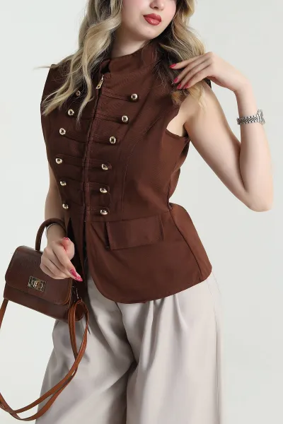 Kahverengi Gabardin Premium Kadın Yelek 476965