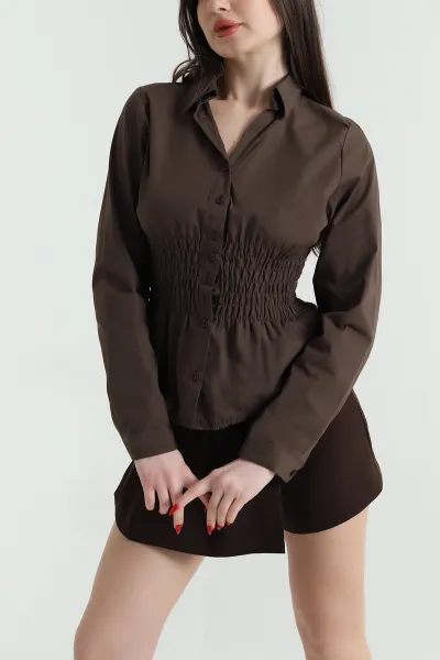 Kahverengi Gipeli Poplin Kadın Bluz 441412