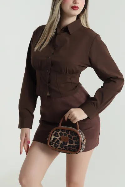 Kahverengi Gipeli Poplin Kadın Gömlek 492819