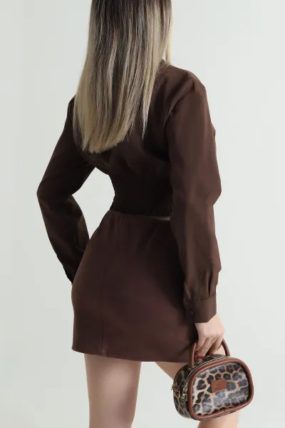 Kahverengi Gipeli Poplin Kadın Gömlek 492819